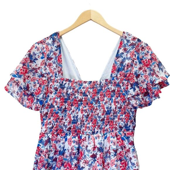NWT Japna Americana Floral Ruffled Flutter Sleeve Mini Dress Red Blue Size Large - Picture 6 of 12